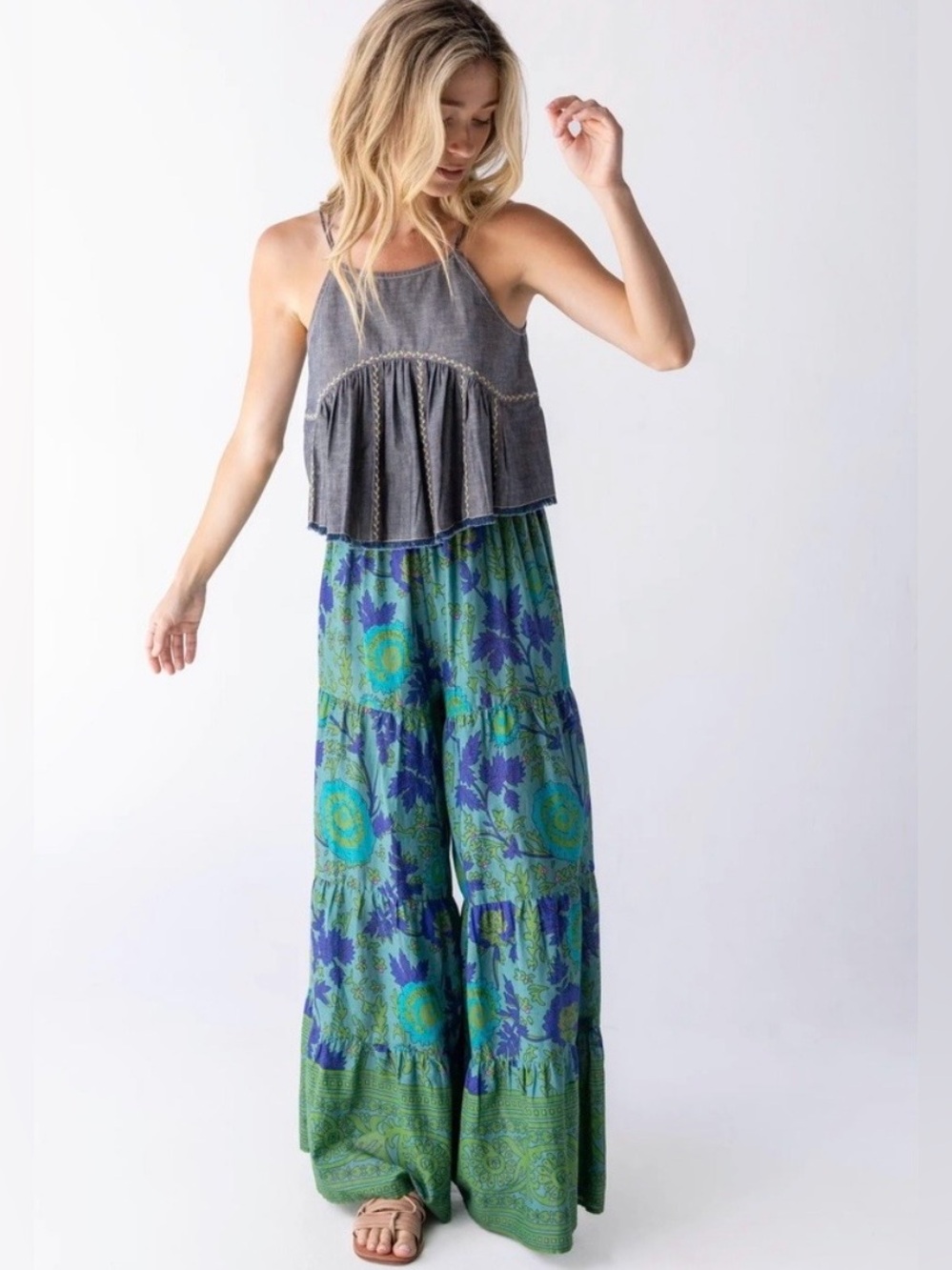 Natural Life Patti Palazzo Pants Floral Tiered Cotton Wide Leg Boho Green Size M - Picture 2 of 10